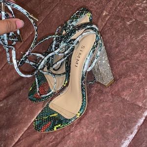 Chrome snakeskin SIMMI heels with diamond heel